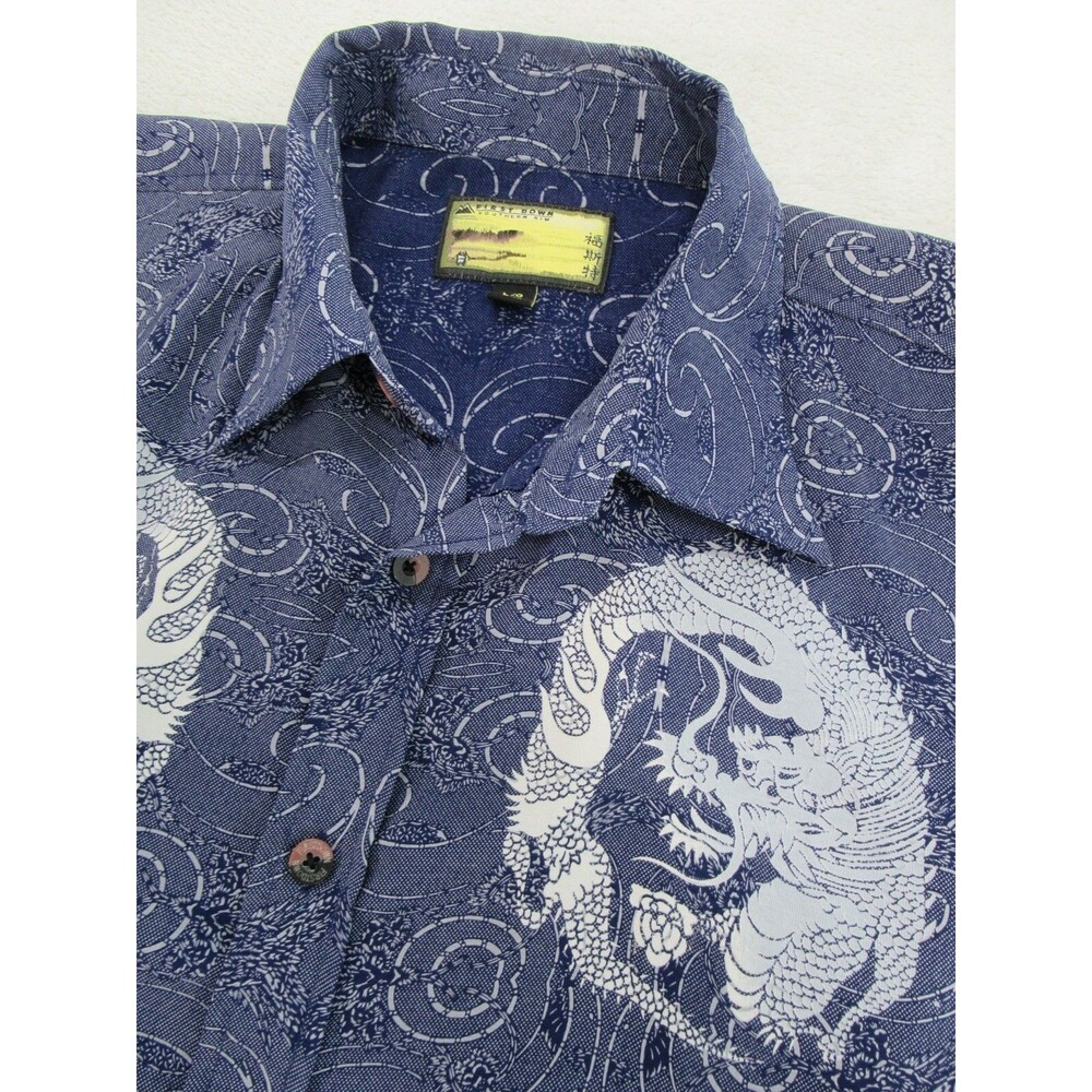 First Down Southern Rim Mens Large Shirt Dragon Asian Theme Print Blue Short Slv
